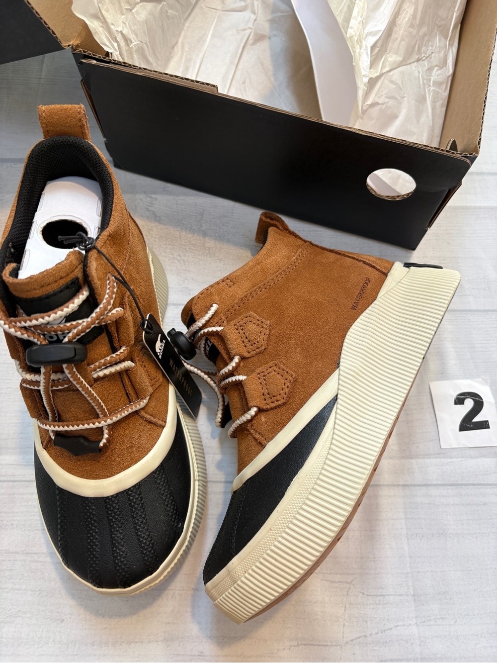 Sorel Kids Brown Suede & Black Waterproof Duck Boots with Cream Sole